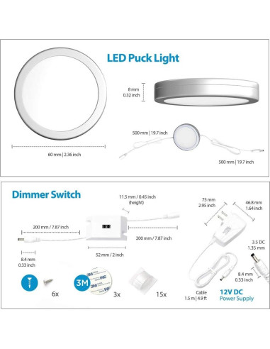 Luces LED EShine Puck Bajo Gabinete 3 Piezas Regulables