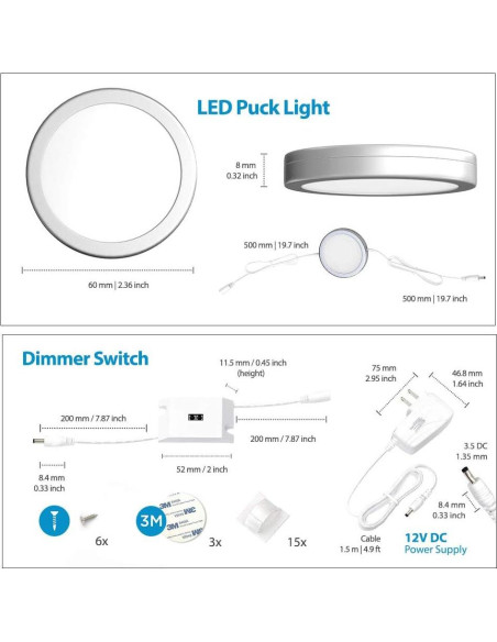 Luces LED EShine Puck Bajo Gabinete 3 Piezas Regulables