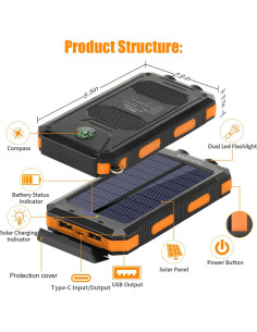 Cargador Solar Power Bank 20000mAh Impermeable Naranja 2