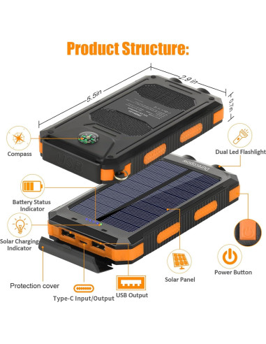 Cargador Solar Power Bank 20000mAh Impermeable Naranja