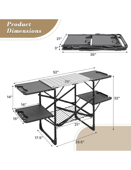 Mesa de Cocina Plegable Athena 132 cm con 4 Mesas Laterales