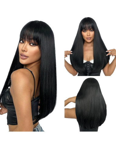 Peluca Negra Larga SUKRI 55.88 cm con Flequillo Sintética