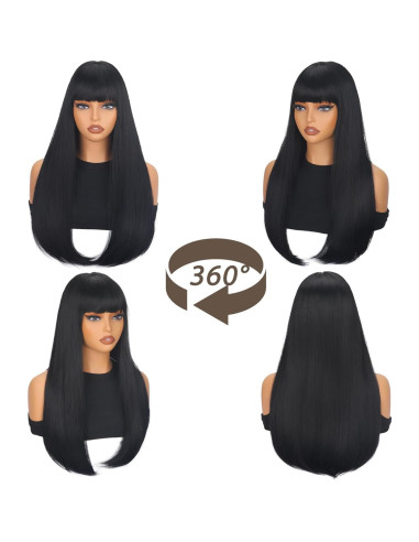 Peluca Negra Larga SUKRI 55.88 cm con Flequillo Sintética