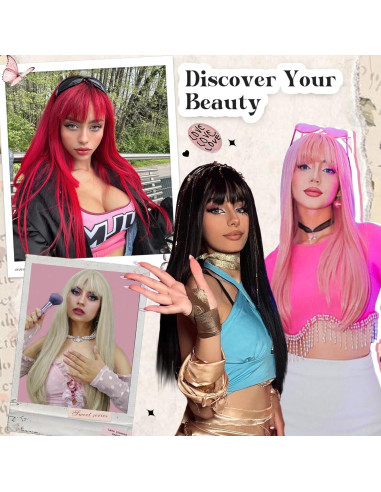 Peluca Negra Larga SUKRI 55.88 cm con Flequillo Sintética