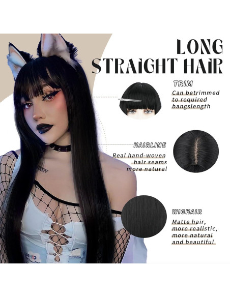 Peluca Negra Larga SUKRI 55.88 cm con Flequillo Sintética