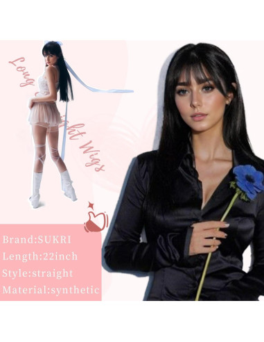 Peluca Negra Larga SUKRI 55.88 cm con Flequillo Sintética