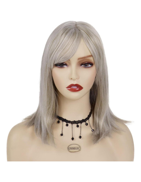 Peluca Sintética GNIMEGIL Gris Ceniza con Flequillo