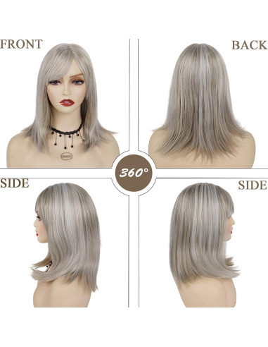 Peluca Sintética GNIMEGIL Gris Ceniza con Flequillo