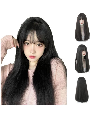 Peluca Sintética Negra URCGTSA 55.88 cm Larga con Flequillo