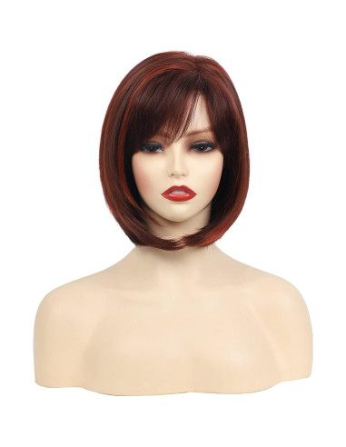 Peluca Bob Corto Burdeos con Mechas Rojas y Flequillo