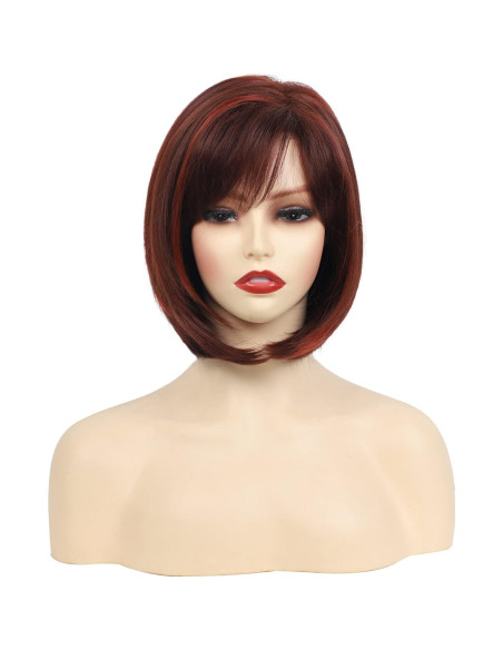 Peluca Bob Corto Burdeos con Mechas Rojas y Flequillo