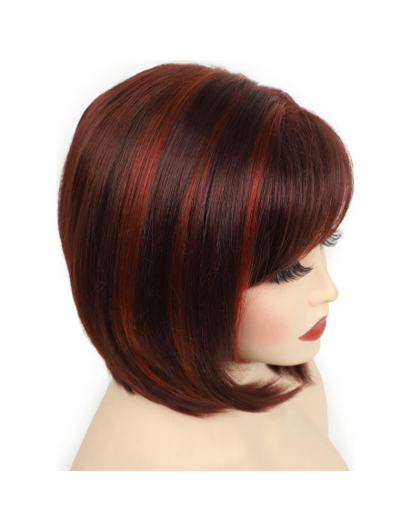 Peluca Bob Corto Burdeos con Mechas Rojas y Flequillo