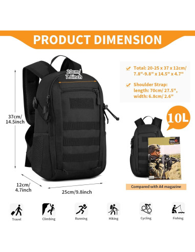 Mochila Táctica Huntvp 10L Negra MOLLE para Senderismo