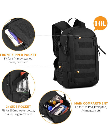 Mochila Táctica Huntvp 10L Negra MOLLE para Senderismo