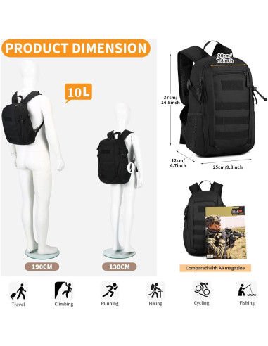 Mochila Táctica Huntvp 10L Negra MOLLE para Senderismo