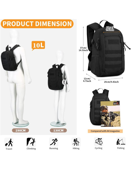 Mochila Táctica Huntvp 10L Negra MOLLE para Senderismo