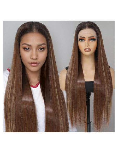 Peluca Sintética KPROYU 30 Pulgadas Marrón Destacado