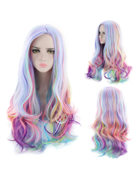 Peluca Arcoíris Larga Rizada AGPTEK 70 cm Resistente al Calor