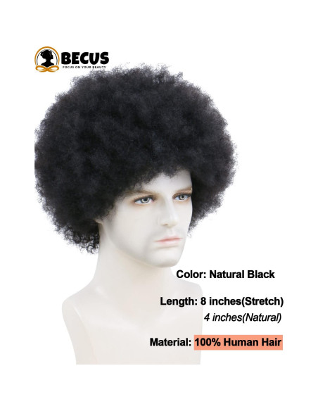 Peluca Afro Hombre BECUS Cabello Humano Rizado Negro 20 cm