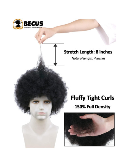Peluca Afro Hombre BECUS Cabello Humano Rizado Negro 20 cm