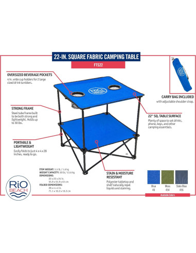 Mesa Plegable Cuadrada Rio Brands 55,88 cm Azul con Portavasos