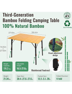Mesa Plegable KingCamp de Bambú Ajustable 100x70 cm 2