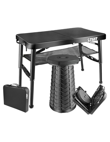 Mesa Plegable ZTMT 4 Pies Ajustable Negra + Taburete