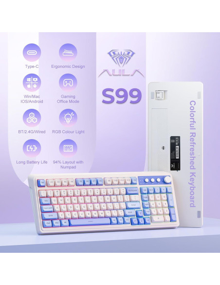 Teclado AULA S99 Inalámbrico RGB 96% con Numpad Púrpura