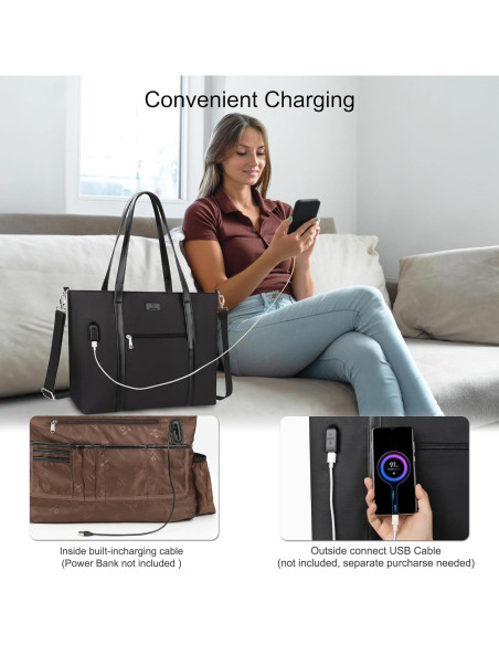 Bolsa Tote para Laptop 17" Impermeable USB Nylon Mujer