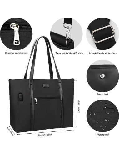 Bolsa Tote para Laptop 17" Impermeable USB Nylon Mujer