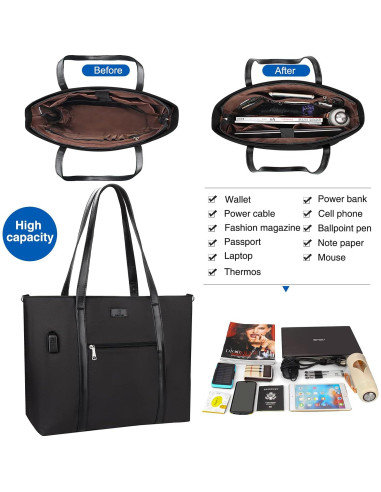 Bolsa Tote para Laptop 17" Impermeable USB Nylon Mujer