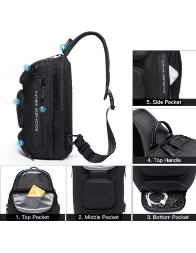 BANGE Bolsa Cruzada Negra Impermeable con Carga USB 15L