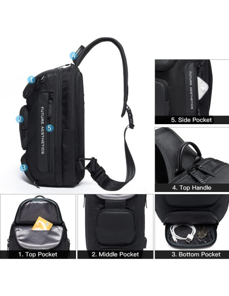 BANGE Bolsa Cruzada Negra Impermeable con Carga USB 15L