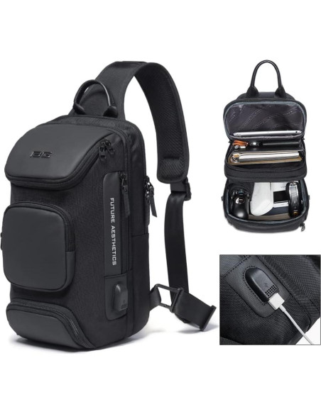 BANGE Bolsa Cruzada Negra Impermeable con Carga USB 15L