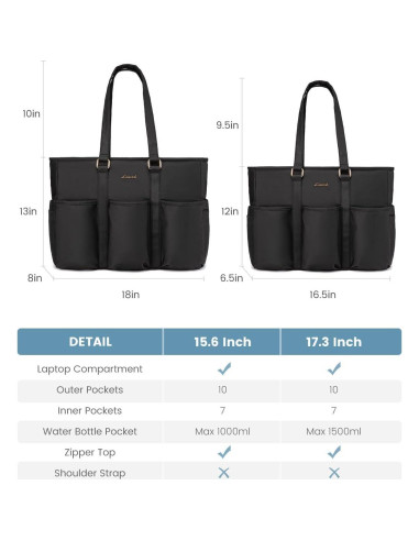 Bolsa Tote LOVEVOOK para Laptop 39.6 cm Negra con Bolsillos
