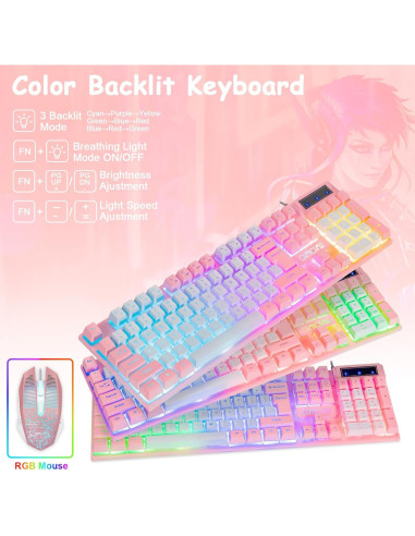 Combo Teclado y Ratón CHONCHOW Rosa y Blanco Retroiluminado