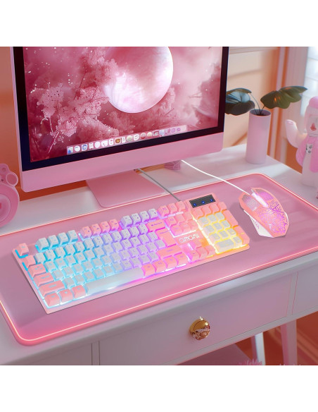Combo Teclado y Ratón CHONCHOW Rosa y Blanco Retroiluminado