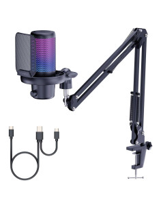 Micrófono USB FEELWORLD VM1 con luz RGB y cancelación de ruido