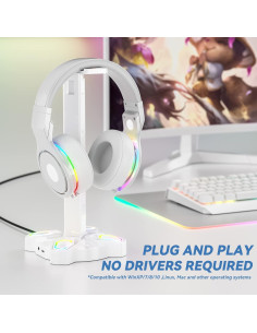 Soporte para Auriculares KDD RGB Blanco con Carga USB 2