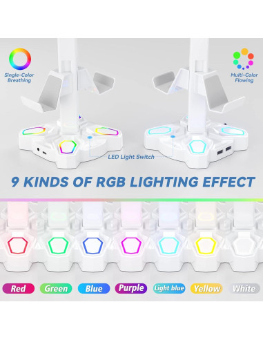 Soporte para Auriculares KDD RGB Blanco con Carga USB