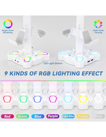 Soporte para Auriculares KDD RGB Blanco con Carga USB