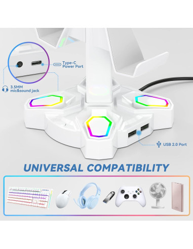 Soporte para Auriculares KDD RGB Blanco con Carga USB