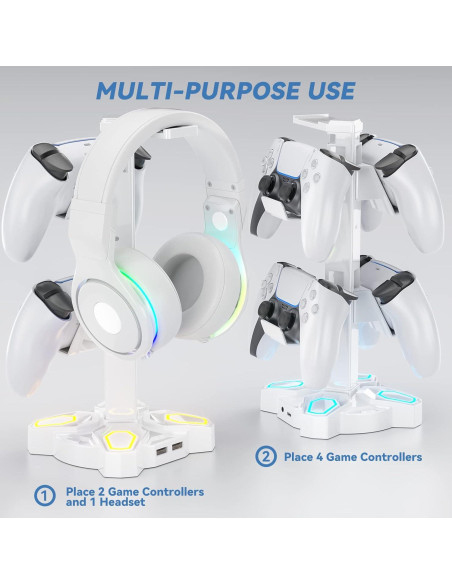 Soporte para Auriculares KDD RGB Blanco con Carga USB