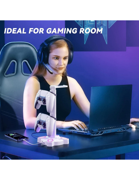 Soporte para Auriculares KDD RGB Blanco con Carga USB