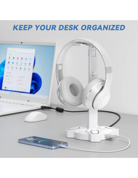 Soporte para Auriculares KDD RGB Blanco con Carga USB
