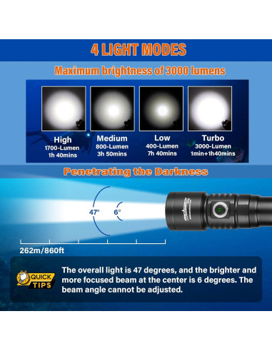 Luz de buceo ORCATORCH D710, 3000 lúmenes, IP68, 150m