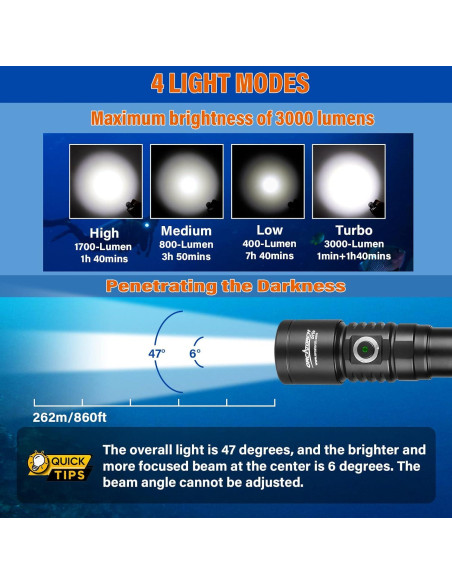 Luz de buceo ORCATORCH D710, 3000 lúmenes, IP68, 150m