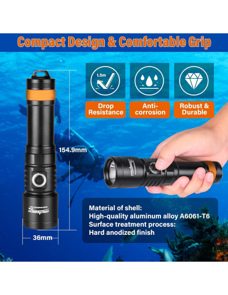 Luz de buceo ORCATORCH D710, 3000 lúmenes, IP68, 150m