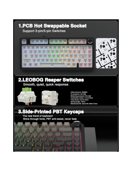 Teclado Mecánico Inalámbrico AULA F75 Pro 75% RGB