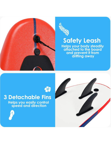 Tabla de Surf Giantex 182 cm 3 Aletas Desmontables Rojo